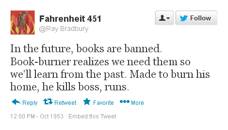 In the future, books are banned. Book-burner realizes we need them so we’ll learn from the past. Made to burn his home, he kills boss, runs.